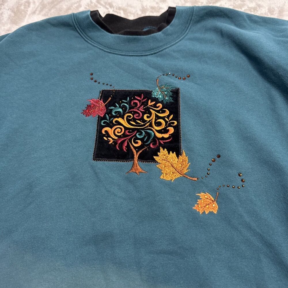 Vintage Decorated Originals Sweatshirt Womens L Fall Autumn Leaves Teal Pullover